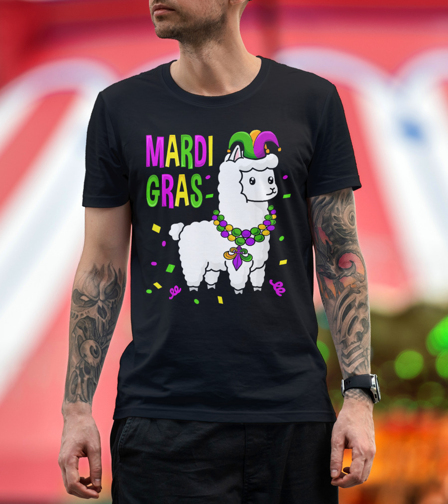Mardi Gras Llama Jester New Orleans Beads Confetti T-Shirt