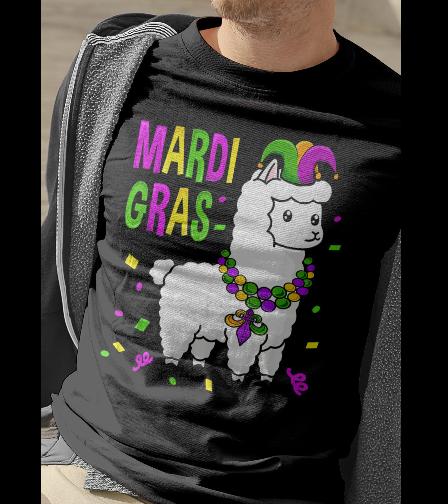 Mardi Gras Llama Jester New Orleans Beads Confetti T-Shirt