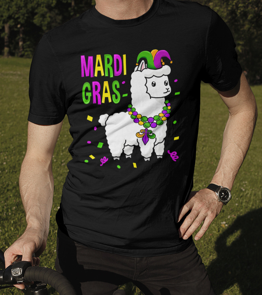 Mardi Gras Llama Jester New Orleans Beads Confetti T-Shirt