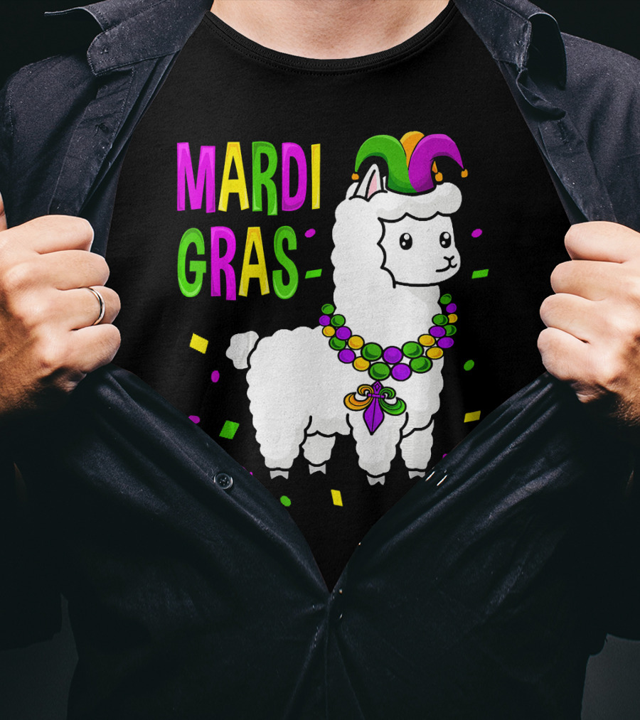 Mardi Gras Llama Jester New Orleans Beads Confetti T-Shirt