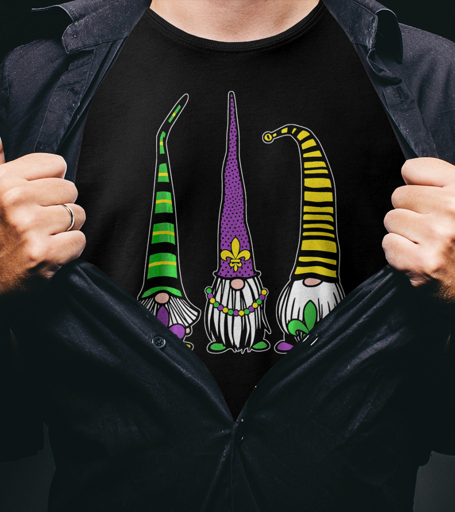 Cute Gnomes Mardi Gras Tuesday Gnome Bea Festival Fleur De Lis T-Shirt