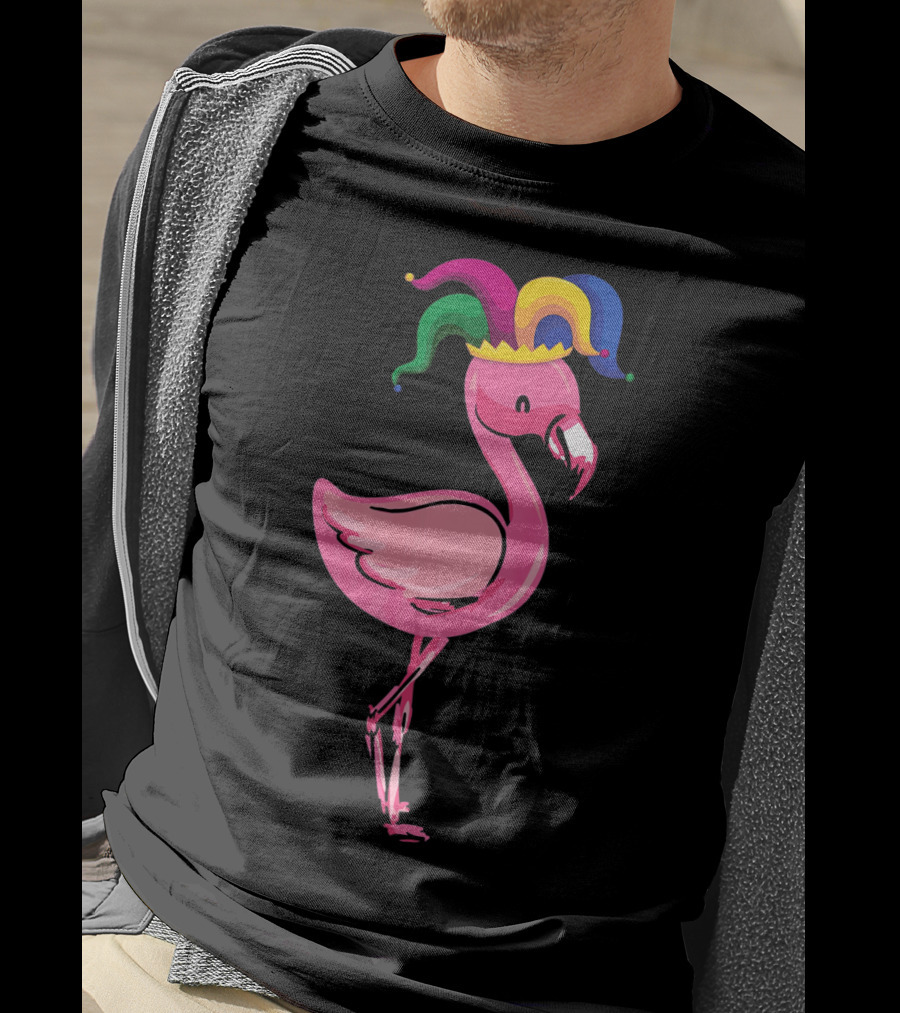Flamingo With Jester Hat Mardi Gras Costume T-Shirt