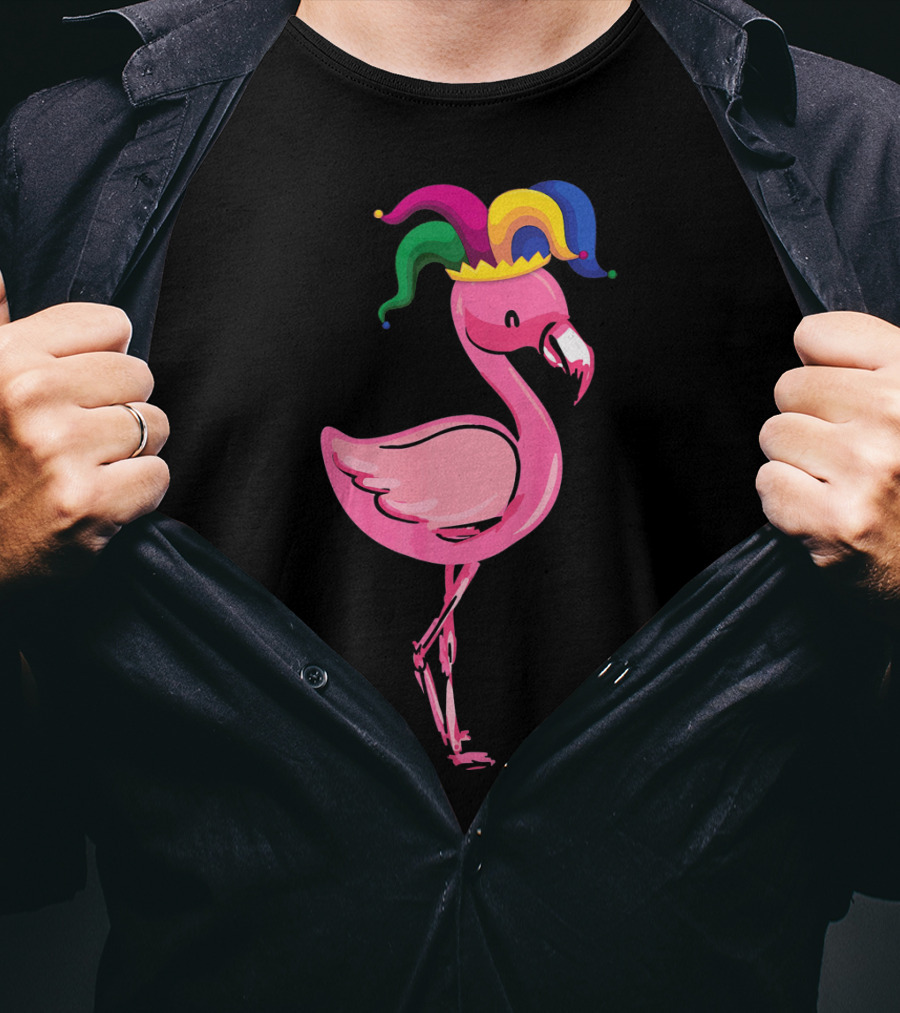 Flamingo With Jester Hat Mardi Gras Costume T-Shirt