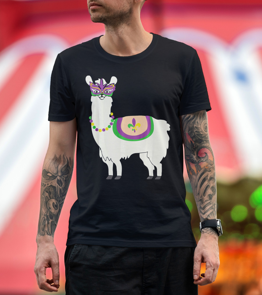 Mardi Gras Llama with Fleur-de-Lis Beads and Mask for Funny Carnival Party T-Shirt