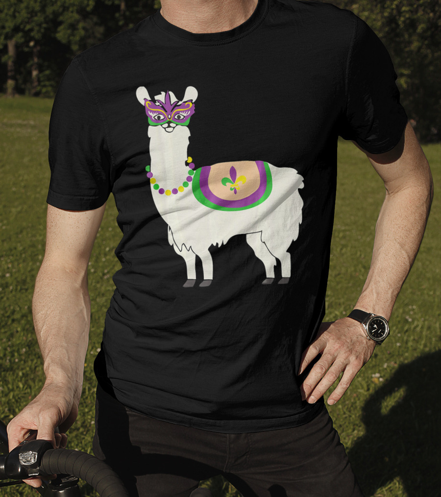 Mardi Gras Llama With Fleur-de-Lis Beads And Mask For Funny Carnival Party T-Shirt