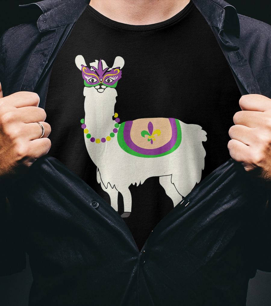 Mardi Gras Llama With Fleur-de-Lis Beads And Mask For Funny Carnival Party T-Shirt