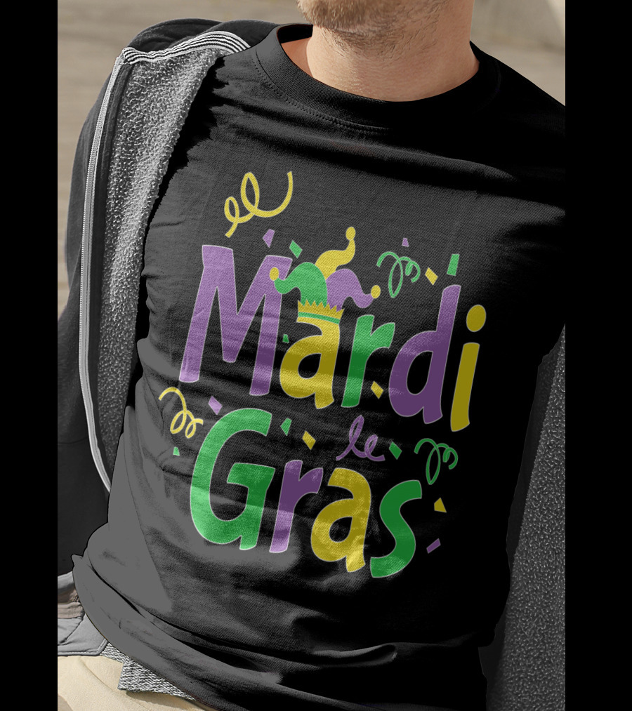 Mardi Gras Party Colorful Celebration With Jester Hat And Confetti T-Shirt