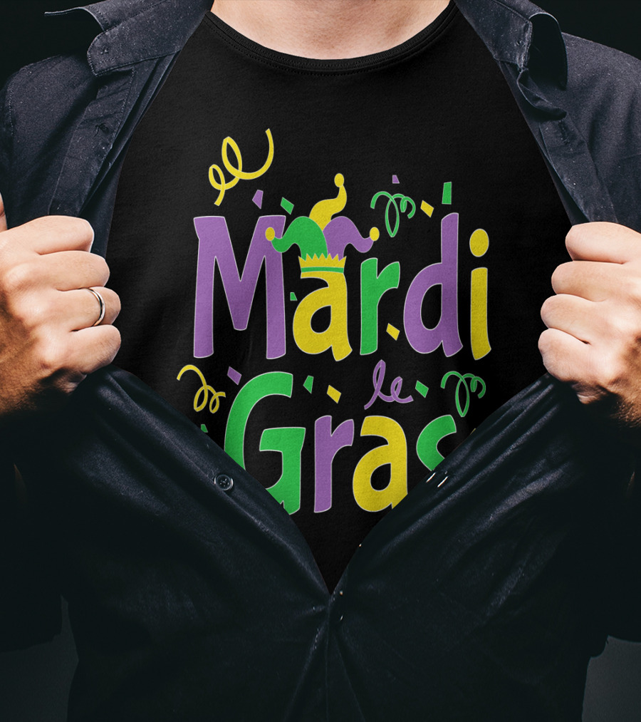 Mardi Gras Party Colorful Celebration With Jester Hat And Confetti T-Shirt
