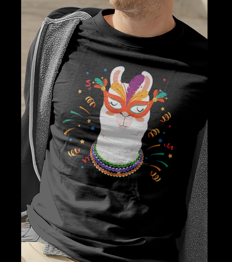 Llama Mardi Gras Mask Beads Festive T-Shirt
