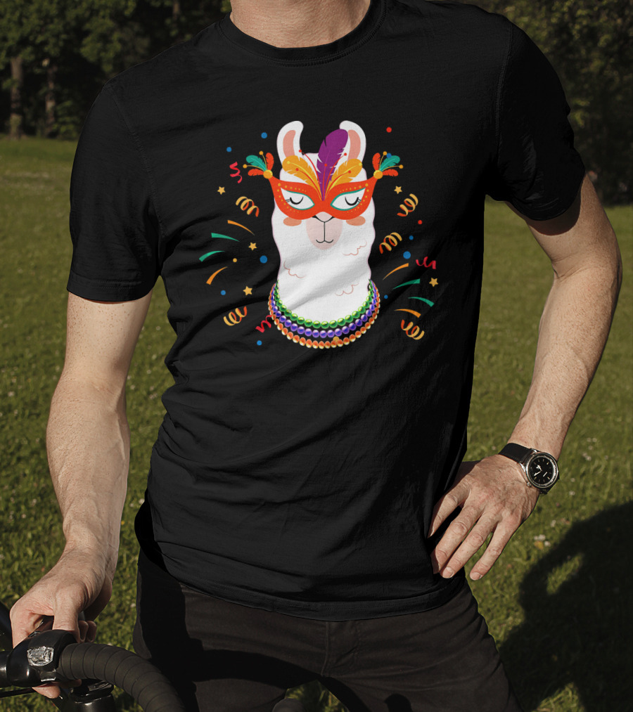 Llama Mardi Gras Mask Beads Festive T-Shirt