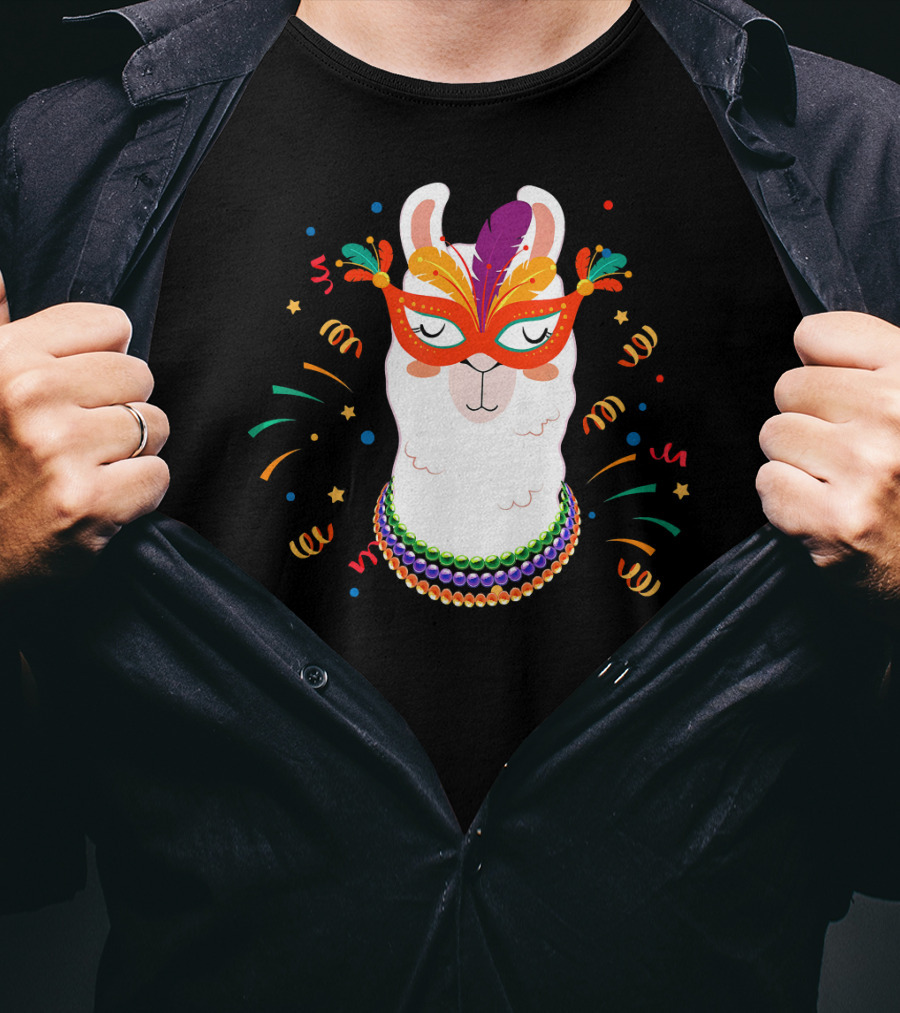 Llama Mardi Gras Mask Beads Festive T-Shirt