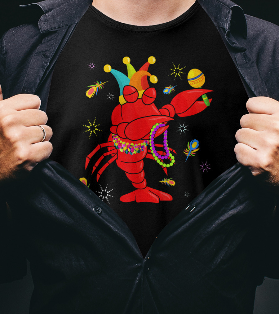 Mardi Gras Crawfish Dabbing Jester Hat Beads Feathers T-Shirt