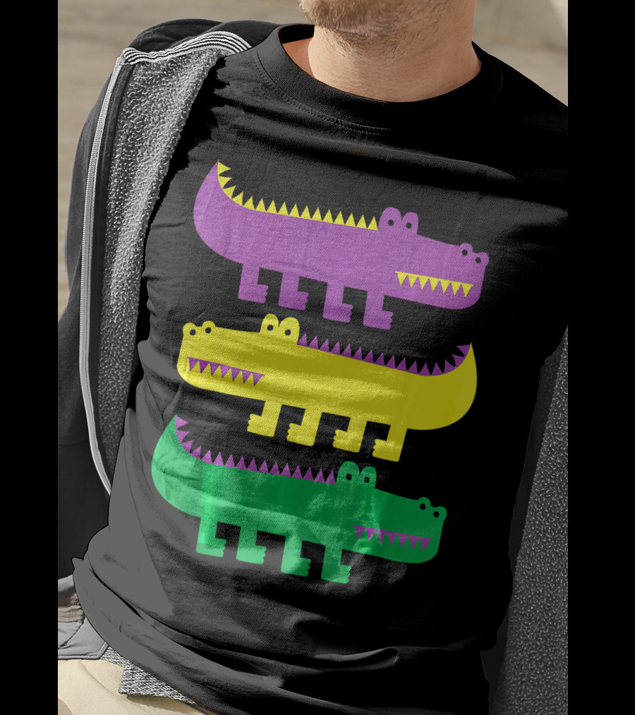 Mardi Gras Happy Alligator Crocodile Fun Purple Yellow Green Trio T-Shirt
