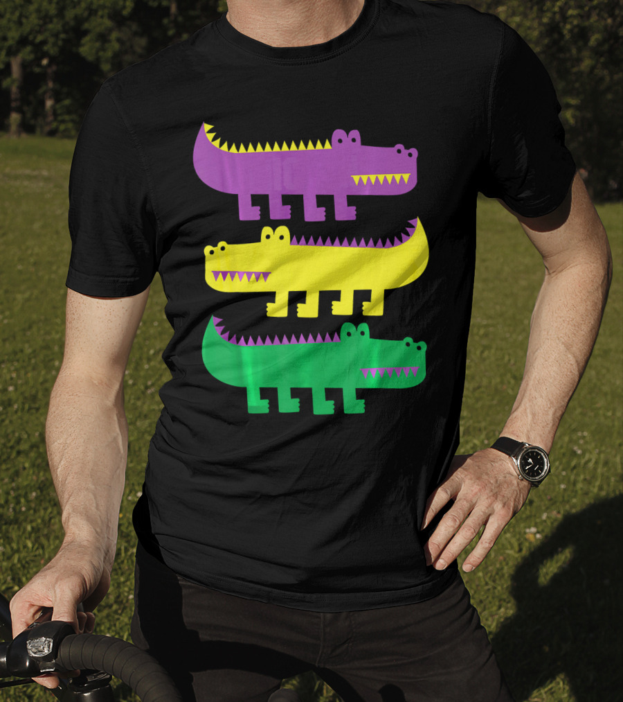 Mardi Gras Happy Alligator Crocodile Fun Purple Yellow Green Trio T-Shirt