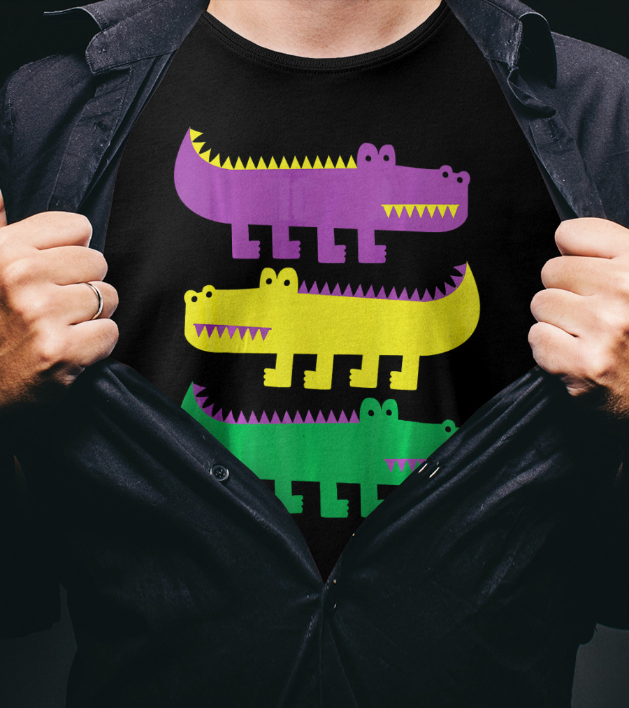 Mardi Gras Happy Alligator Crocodile Fun Purple Yellow Green Trio T-Shirt