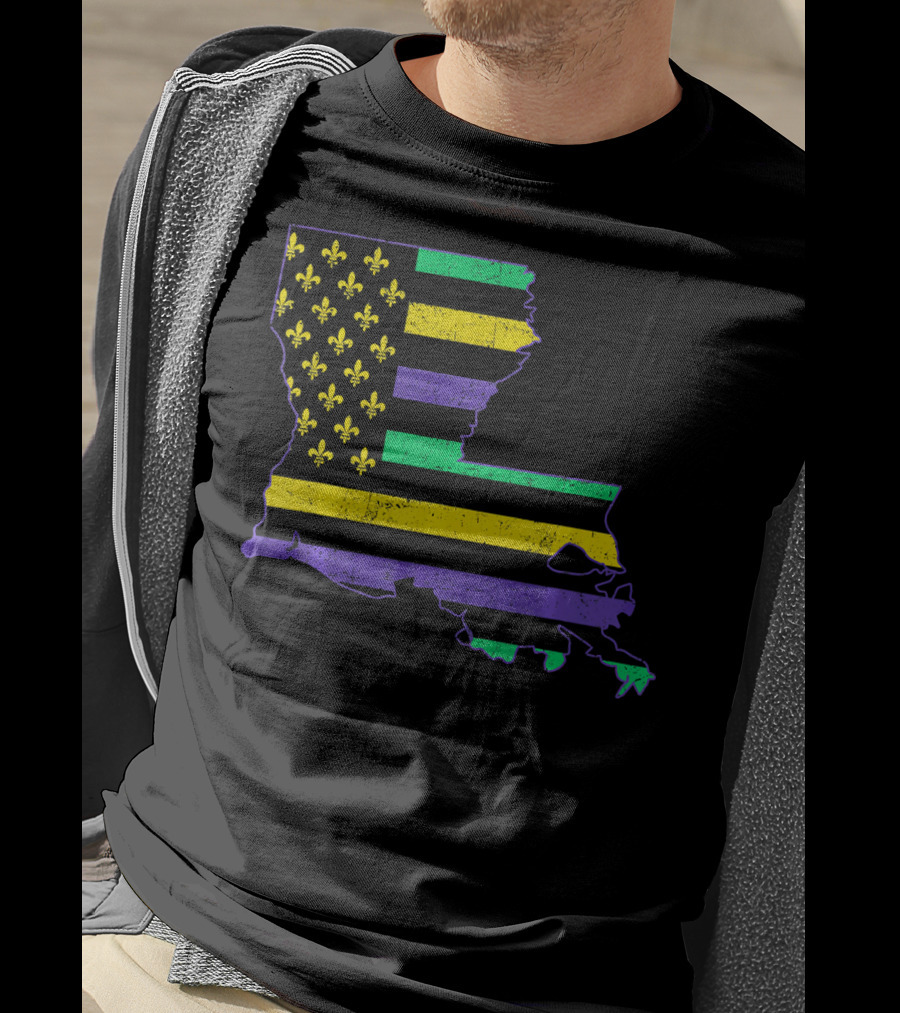 New Orleans Mardi Gras Louisiana Map Fleur-de-lis Flag T-Shirt