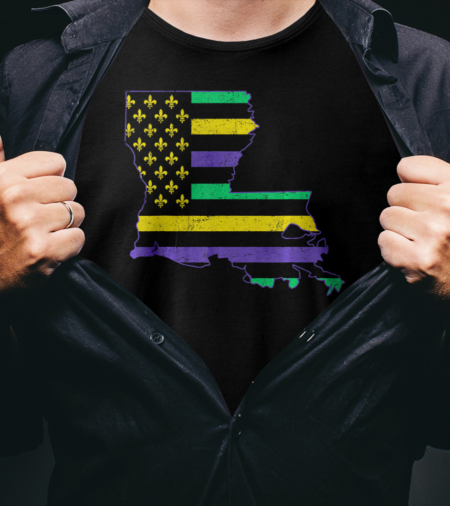 New Orleans Mardi Gras Louisiana Map Fleur-de-lis Flag T-Shirt
