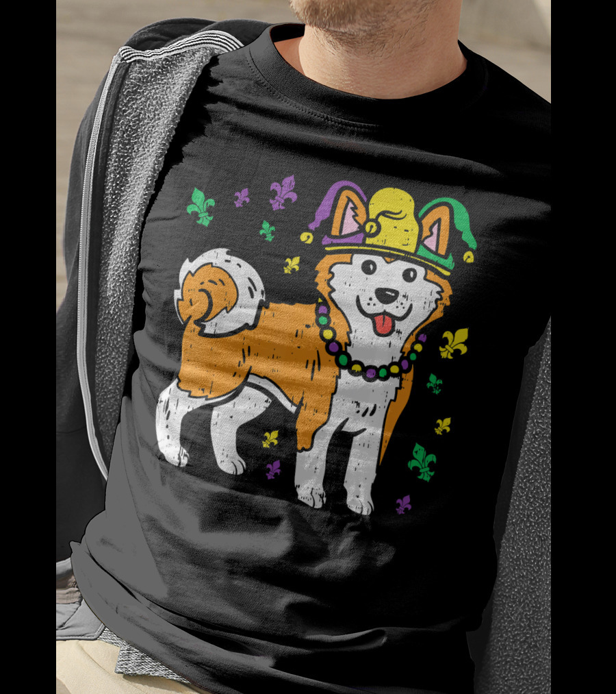 Jester Shiba Inu Akita Japanese Dog Mardi Gras Fleur-de-Lis T-Shirt