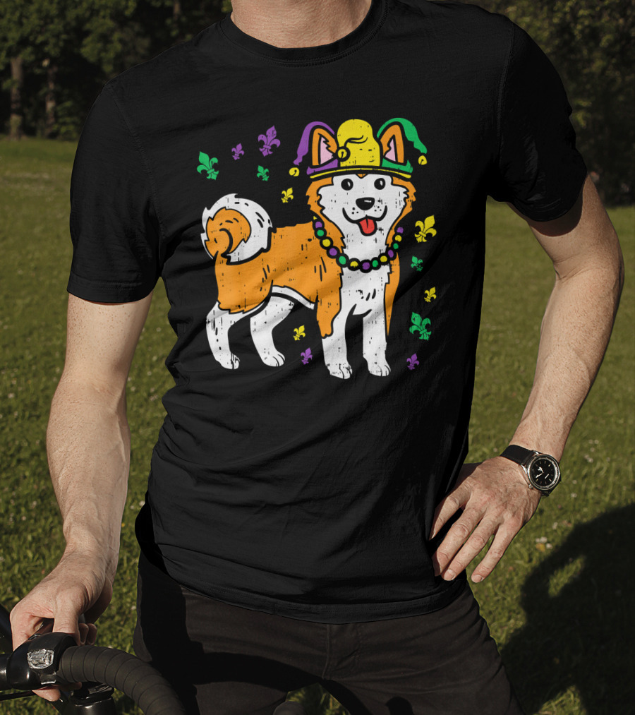 Jester Shiba Inu Akita Japanese Dog Mardi Gras Fleur-de-Lis T-Shirt
