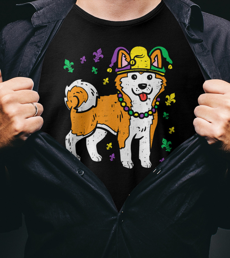 Jester Shiba Inu Akita Japanese Dog Mardi Gras Fleur-de-Lis T-Shirt