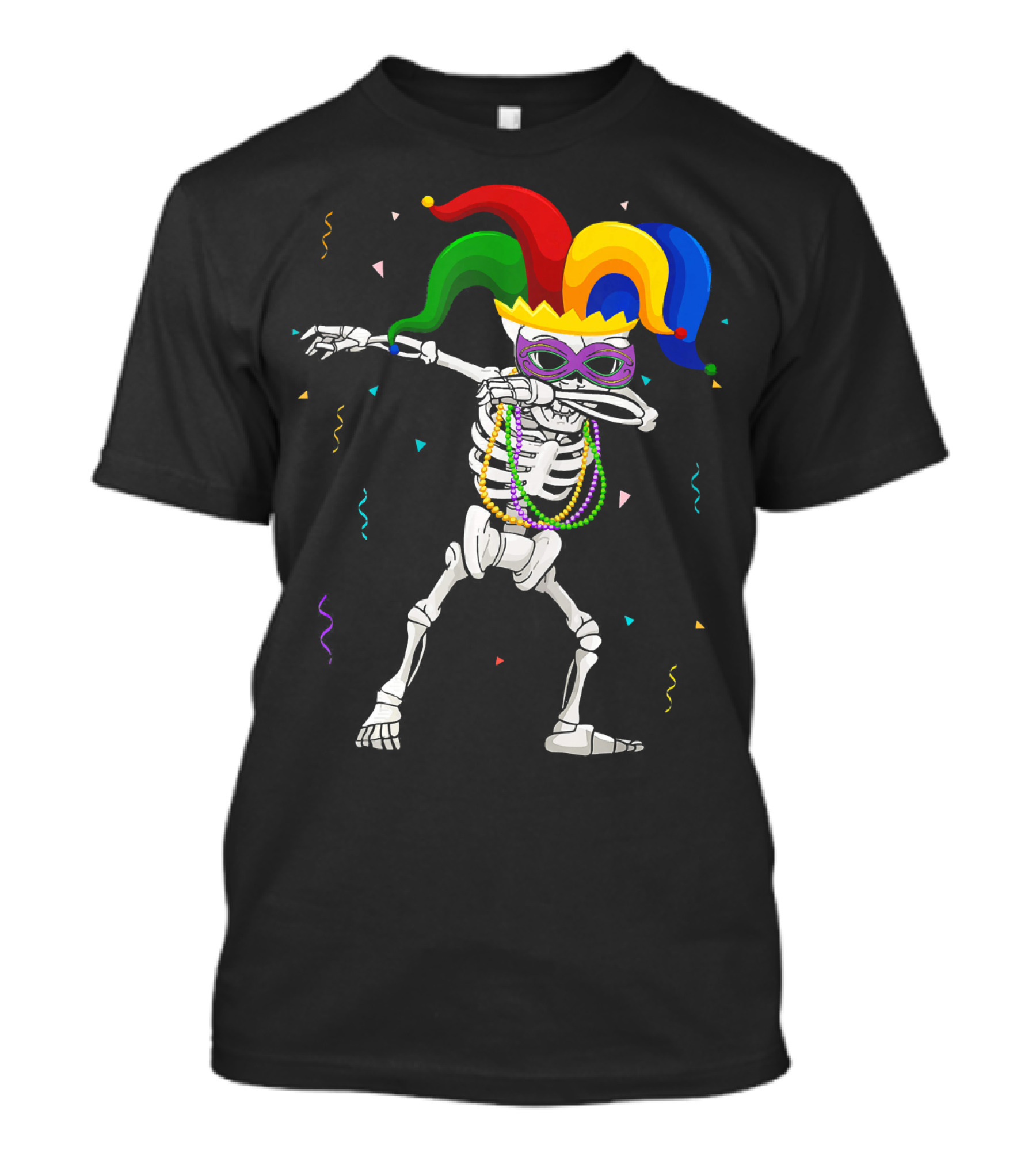 Skeleton Mardi Gras Jester Mask Dabbing With Beads And Confetti T-Shirt