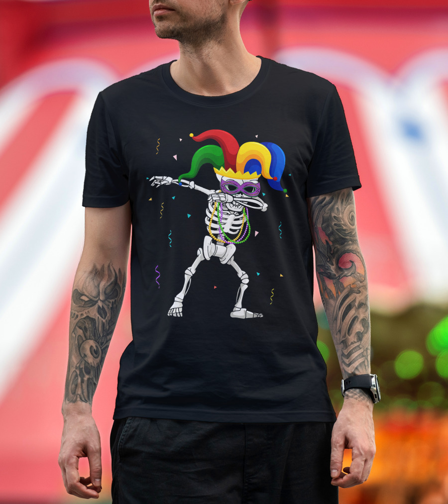 Skeleton Mardi Gras Jester Mask Dabbing with Beads and Confetti T-Shirt
