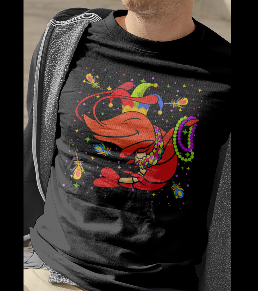 Dabbing Crawfish With Beads And Jester Hat Mardi Gras T-Shirt