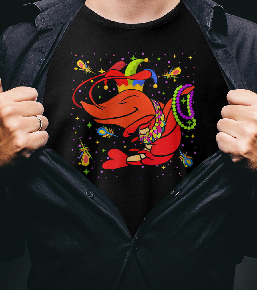 Dabbing Crawfish With Beads And Jester Hat Mardi Gras T-Shirt