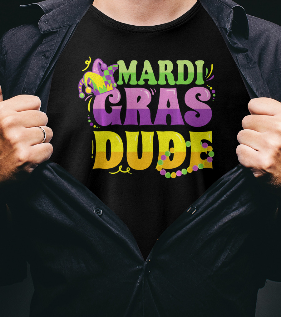 Mardi Gras Dude New Orleans Beads And Jester Hat T-Shirt