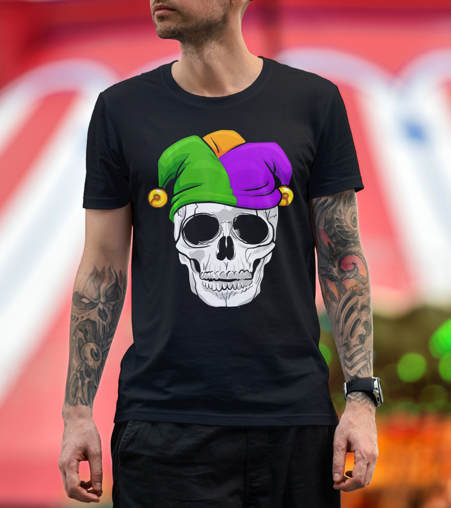 Mardi Gras New Orleans Skull with Colorful Jester Hat T-Shirt