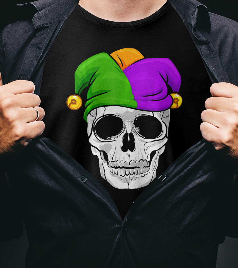 Mardi Gras New Orleans Skull With Colorful Jester Hat T-Shirt