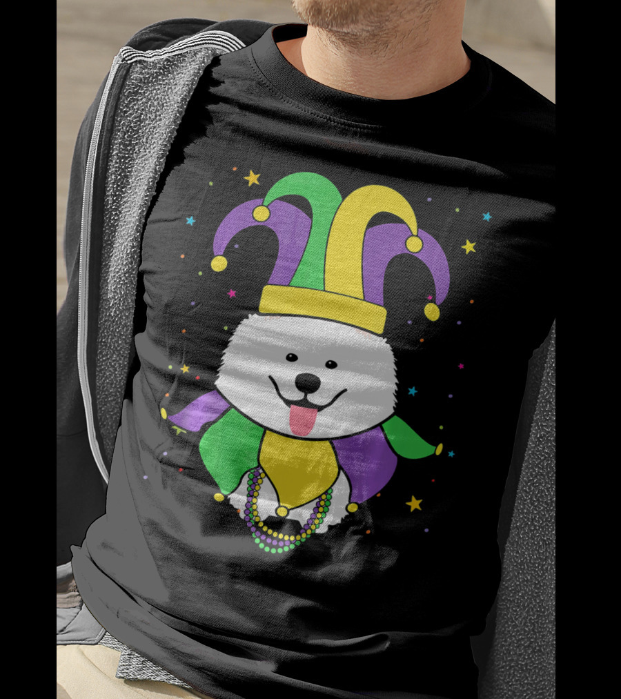 Funny Samoyed With Jester Hat And Mardi Gras Colors T-Shirt