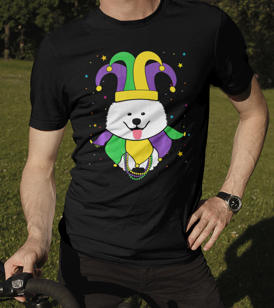 Funny Samoyed With Jester Hat And Mardi Gras Colors T-Shirt