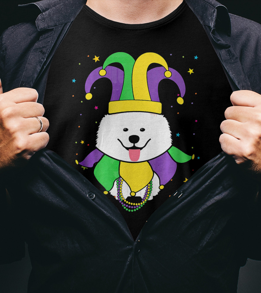 Funny Samoyed With Jester Hat And Mardi Gras Colors T-Shirt
