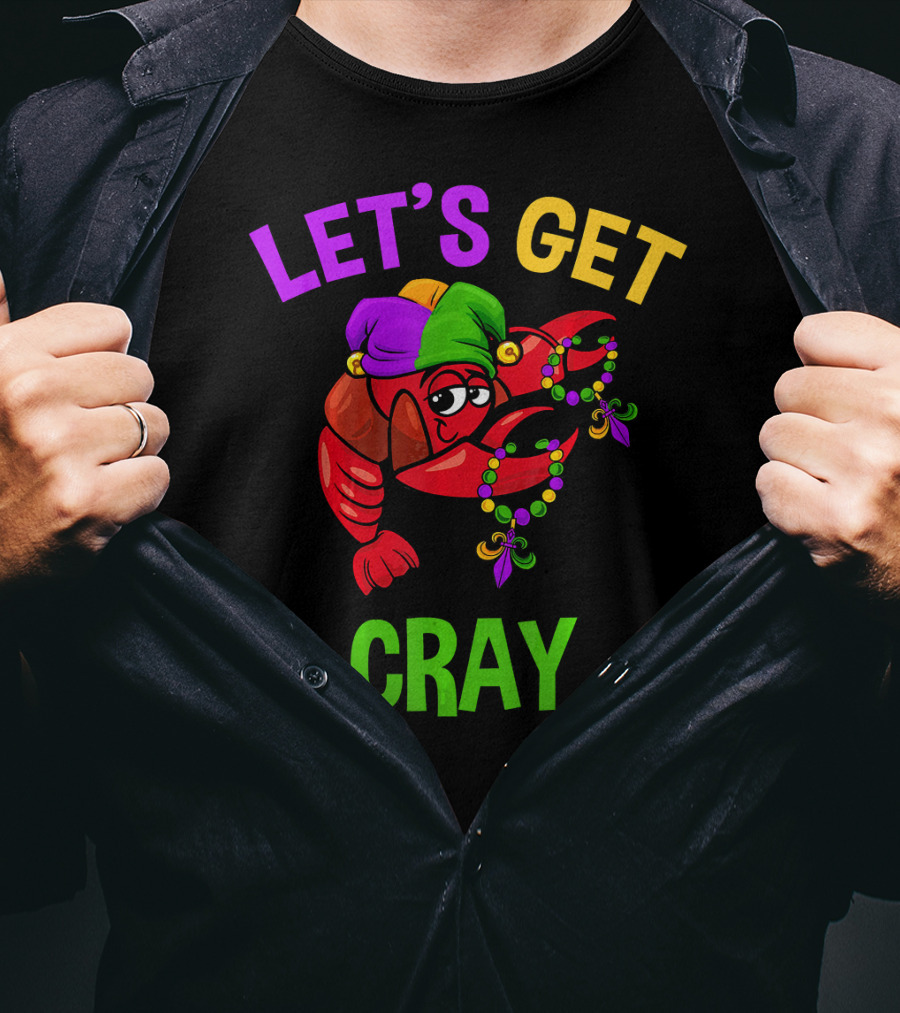 Let's Get Cray Funny Mardi Gras Crawfish With Beads And Jester Hat T-Shirt