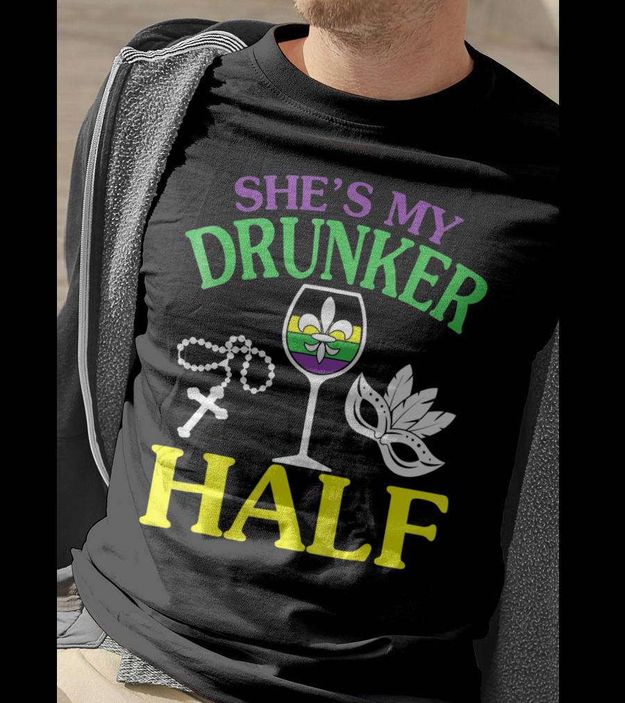 SHE'S MY DRUNKER HALF Fleur-de-Lis Wine Glass Beads Mask T-Shirt