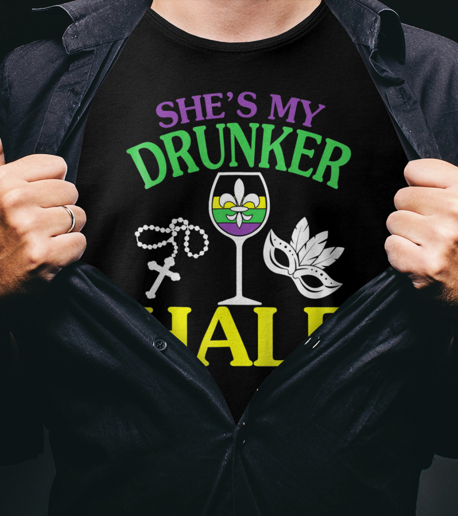 SHE'S MY DRUNKER HALF Fleur-de-Lis Wine Glass Beads Mask T-Shirt