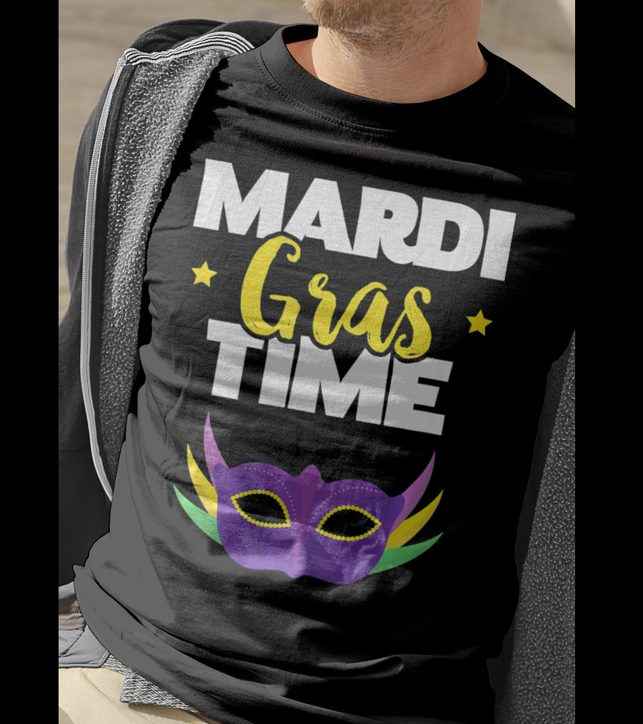 Mardi Gras Time Mask With Stars And Purple Yellow Green Elements T-Shirt