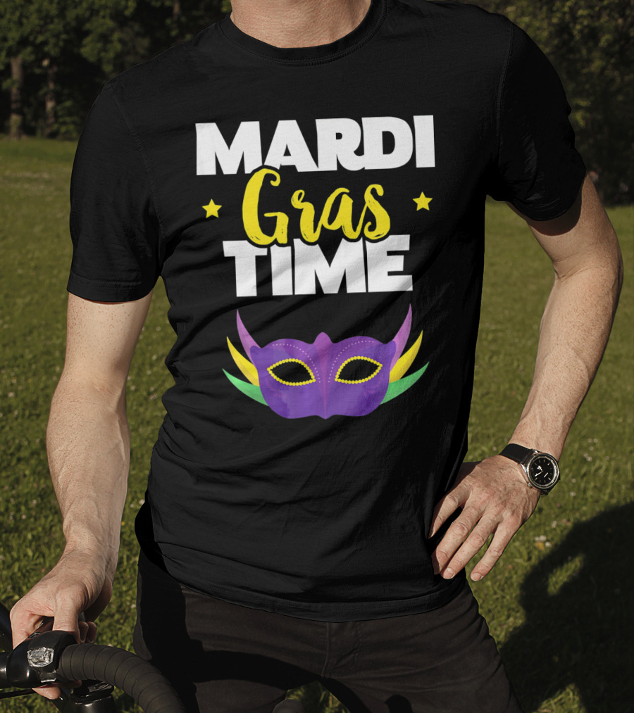 Mardi Gras Time Mask With Stars And Purple Yellow Green Elements T-Shirt