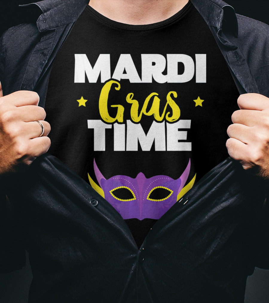 Mardi Gras Time Mask With Stars And Purple Yellow Green Elements T-Shirt