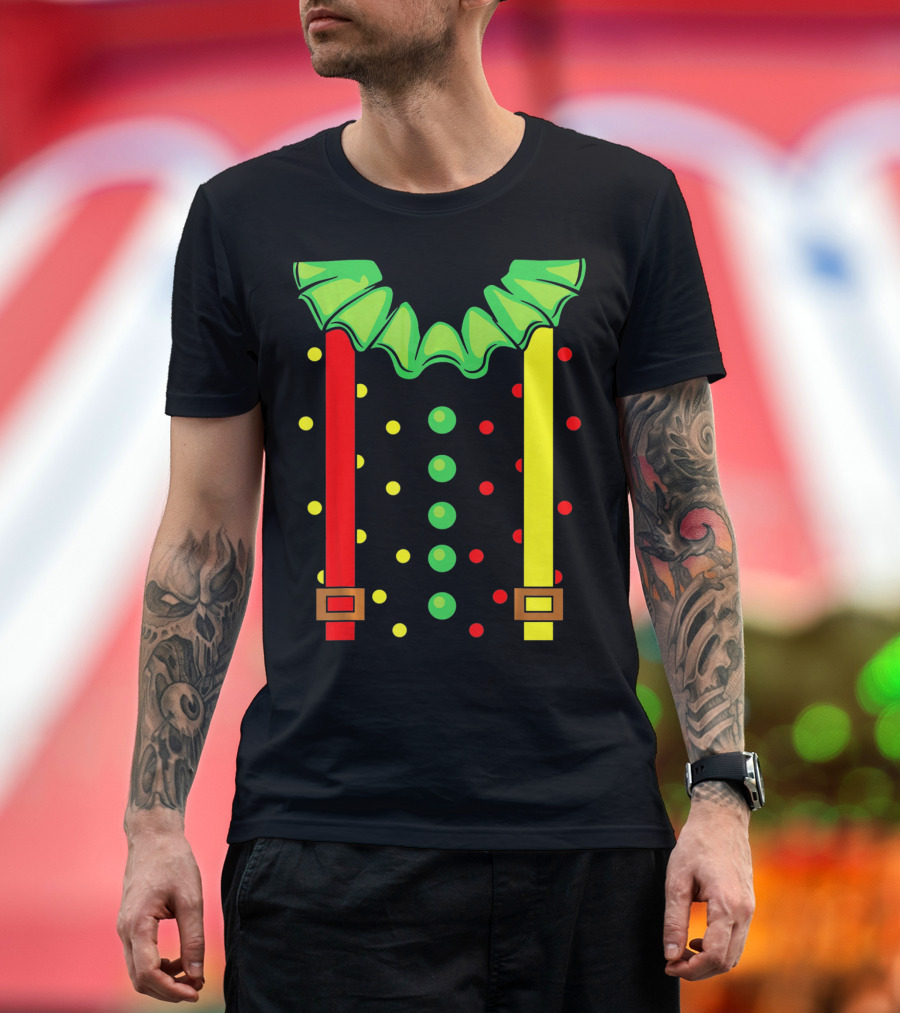 Funny Red and Yellow Suspenders with Green Jester Collar Clown T-Shirt