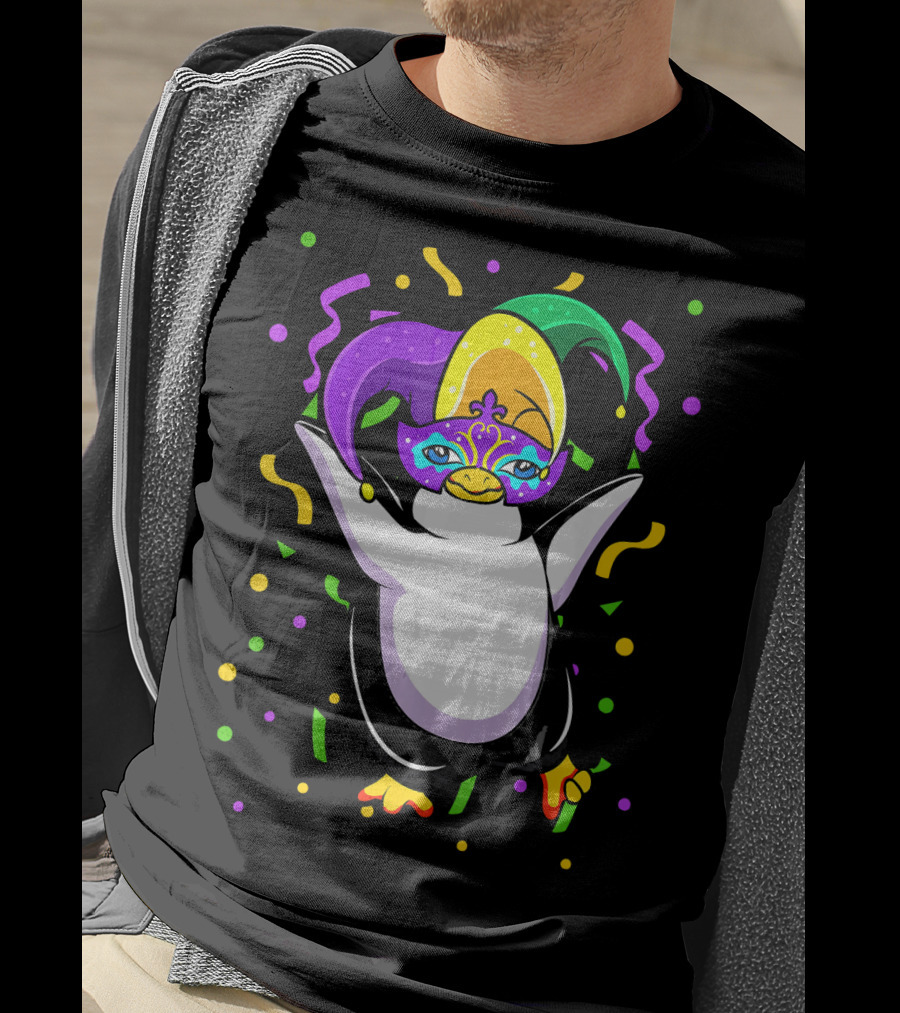 Mardi Gras Penguin With Colorful Jester Hat And Mask T-Shirt