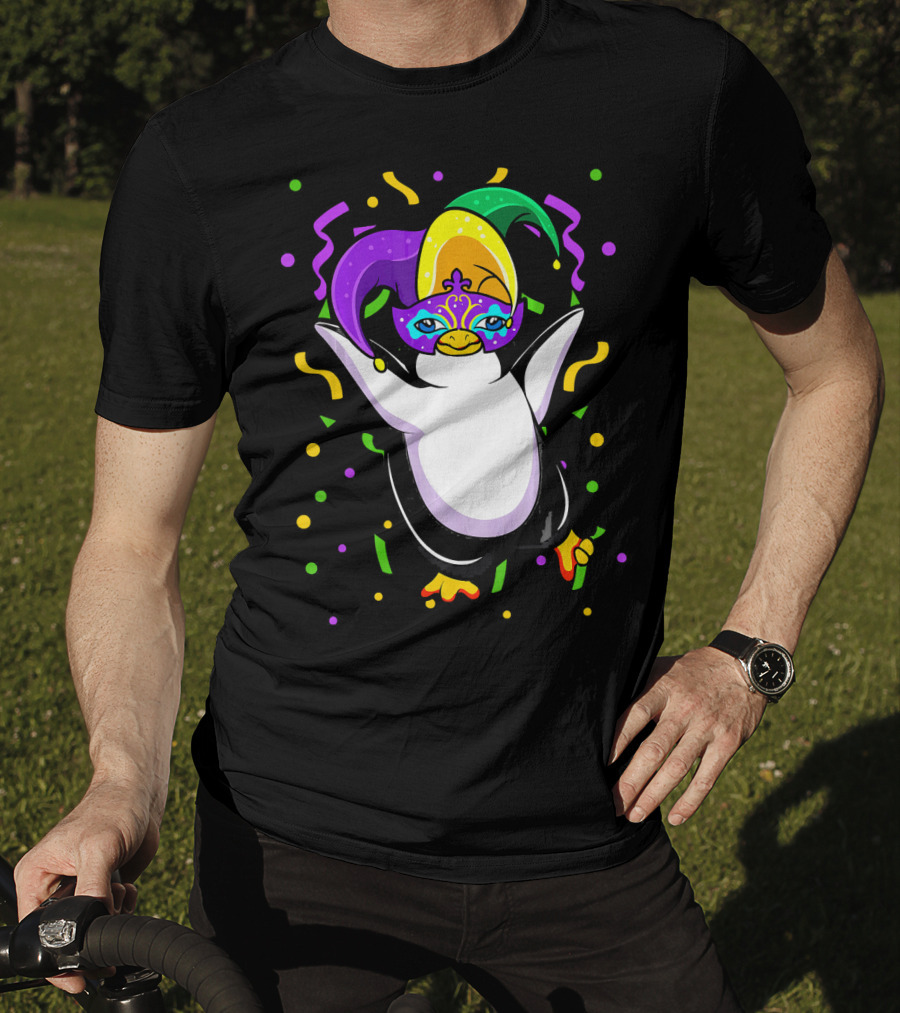 Mardi Gras Penguin With Colorful Jester Hat And Mask T-Shirt