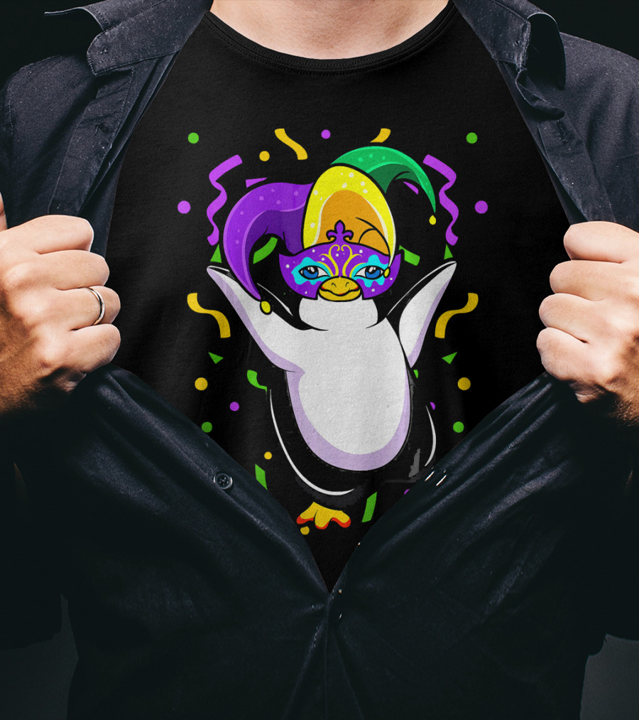 Mardi Gras Penguin With Colorful Jester Hat And Mask T-Shirt
