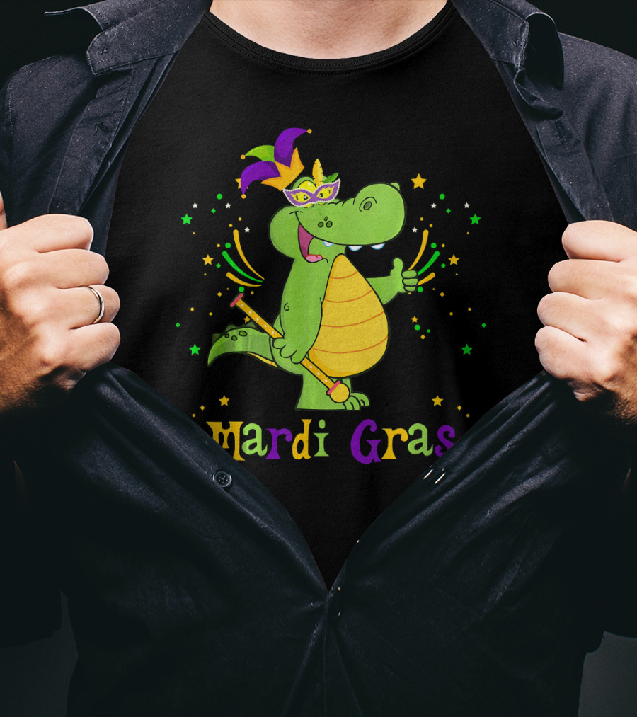 Mardi Gras Alligator With Mask And Star Accents T-Shirt