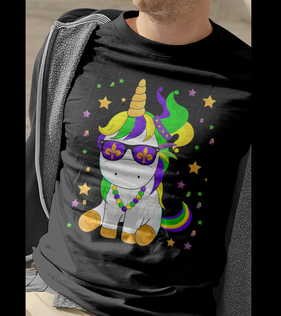 Mardi Gras Unicorn Kid Carnival Stars Fleur-de-Lis Beads T-Shirt