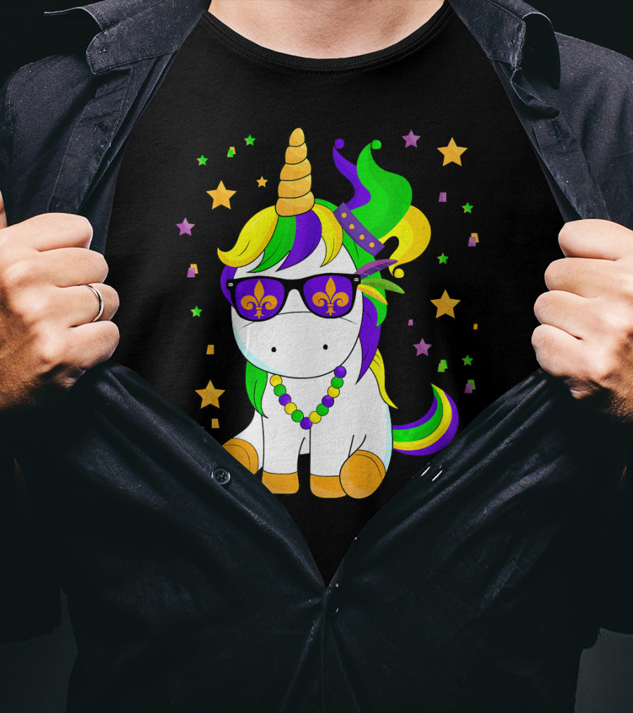 Mardi Gras Unicorn Kid Carnival Stars Fleur-de-Lis Beads T-Shirt
