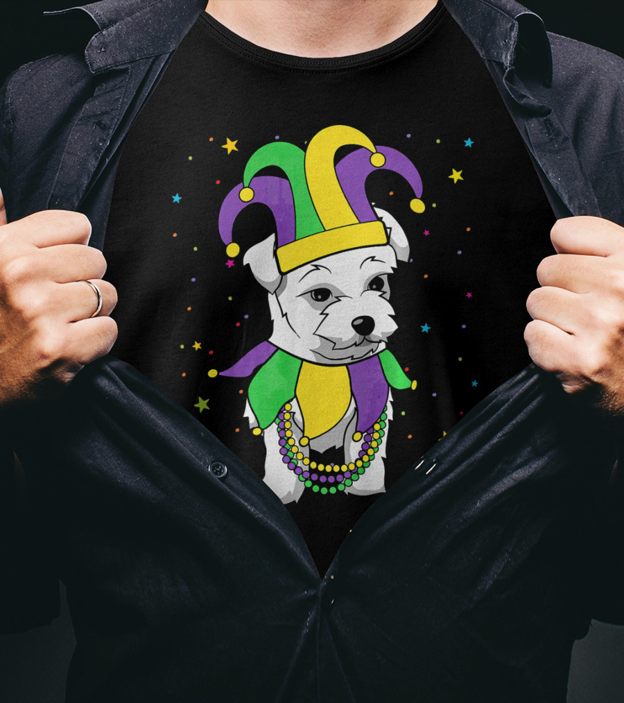 Havanese Dog Jester Hat Mardi Gras Beads Funny Stars T-Shirt
