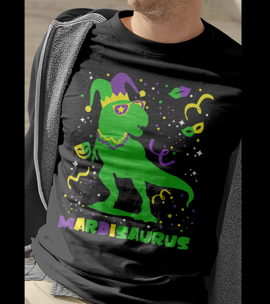 Mardi Gras Dinosaur Mardisaurus Jester Hat Beads Masks Party T-Shirt