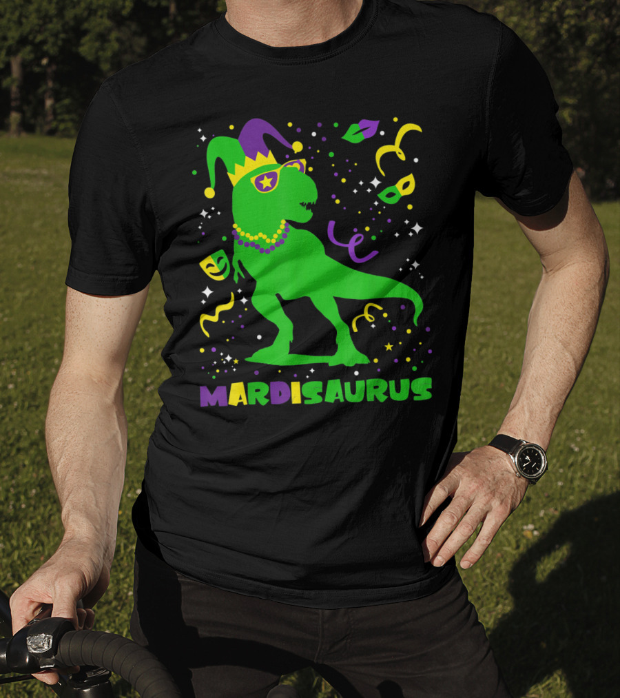 Mardi Gras Dinosaur Mardisaurus Jester Hat Beads Masks Party T-Shirt